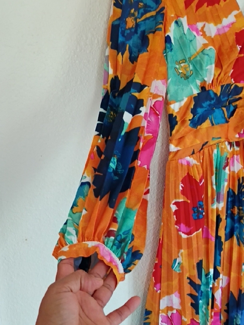 Chicwish Mustard Floral Pleated Midi Dress with Multicolor Blooms - Picture 2 of 7